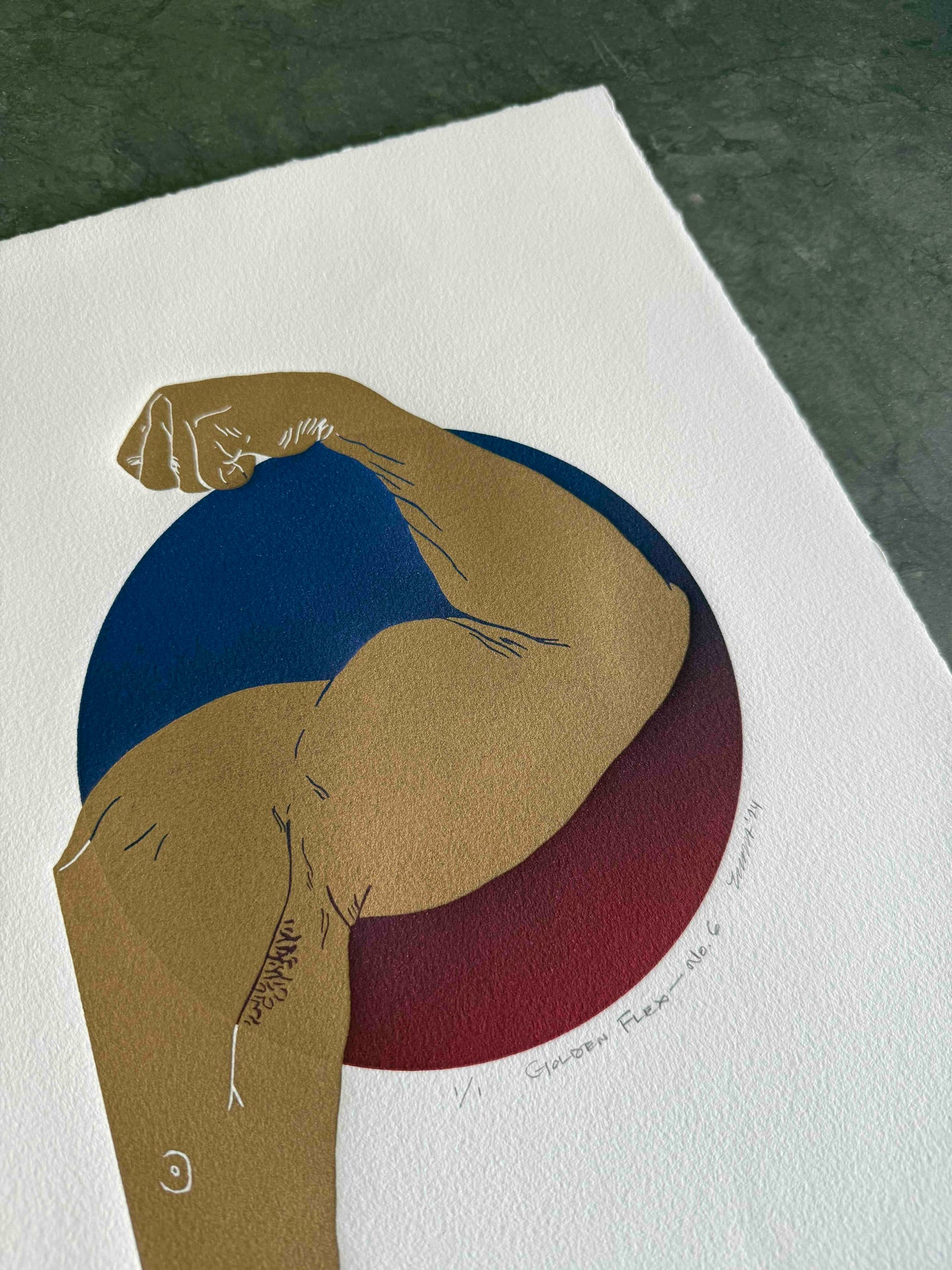 “Golden Flex - No. 6” Handprinted, One-of-a-Kind. Linocut & Monotype Original Fine Art. Gold Ink