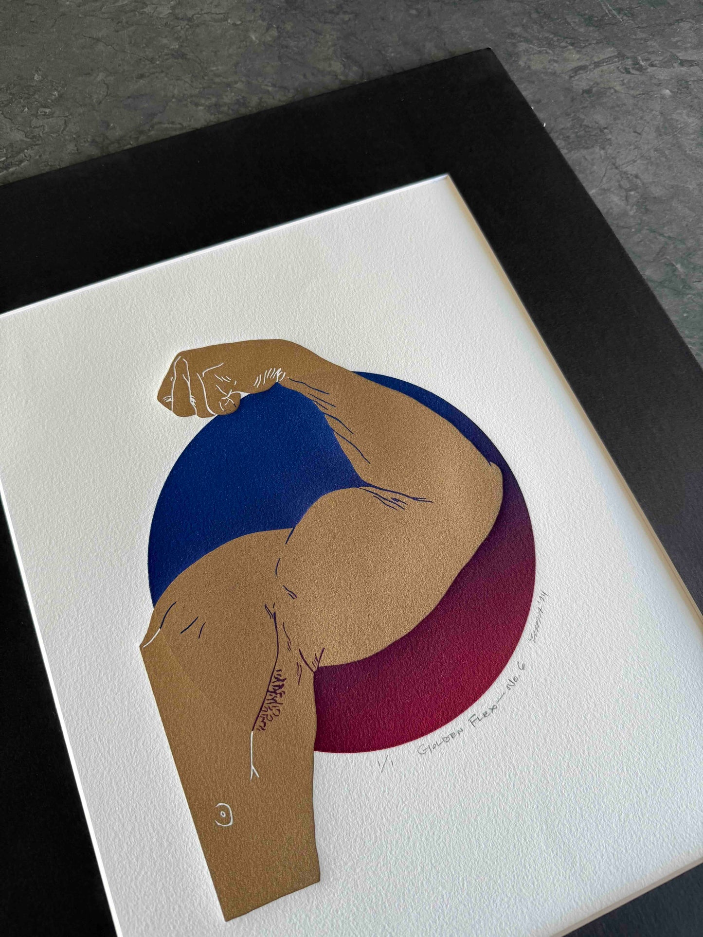 “Golden Flex - No. 6” Handprinted, One-of-a-Kind. Linocut & Monotype Original Fine Art. Gold Ink