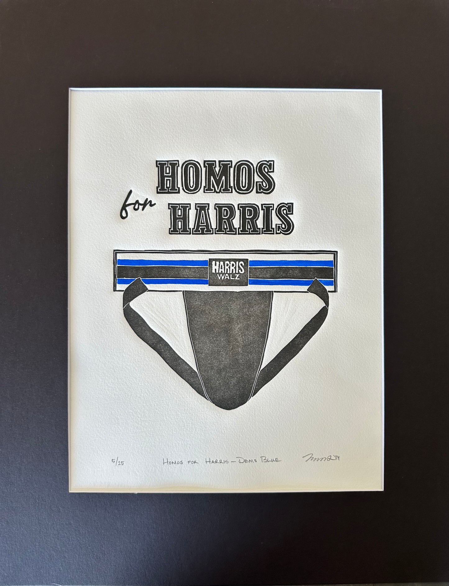 "Homos for Harris - Dems Blue" Limited Edition Linocut with Hand-painted Stripes