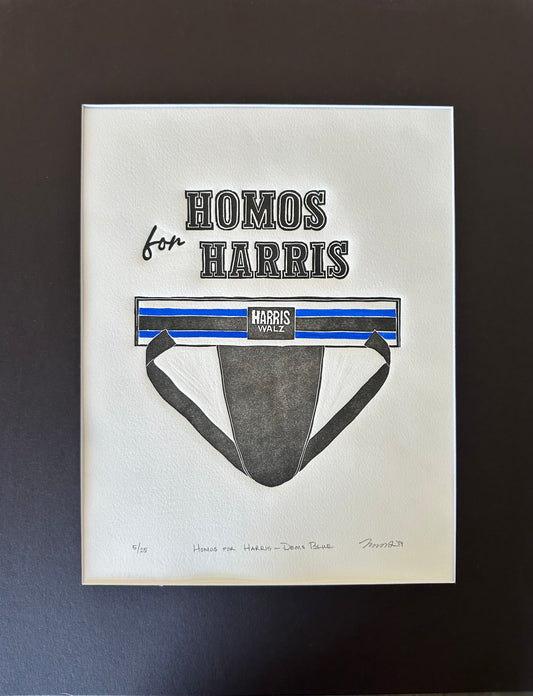 "Homos for Harris - Dems Blue" Limited Edition Linocut with Hand-painted Stripes