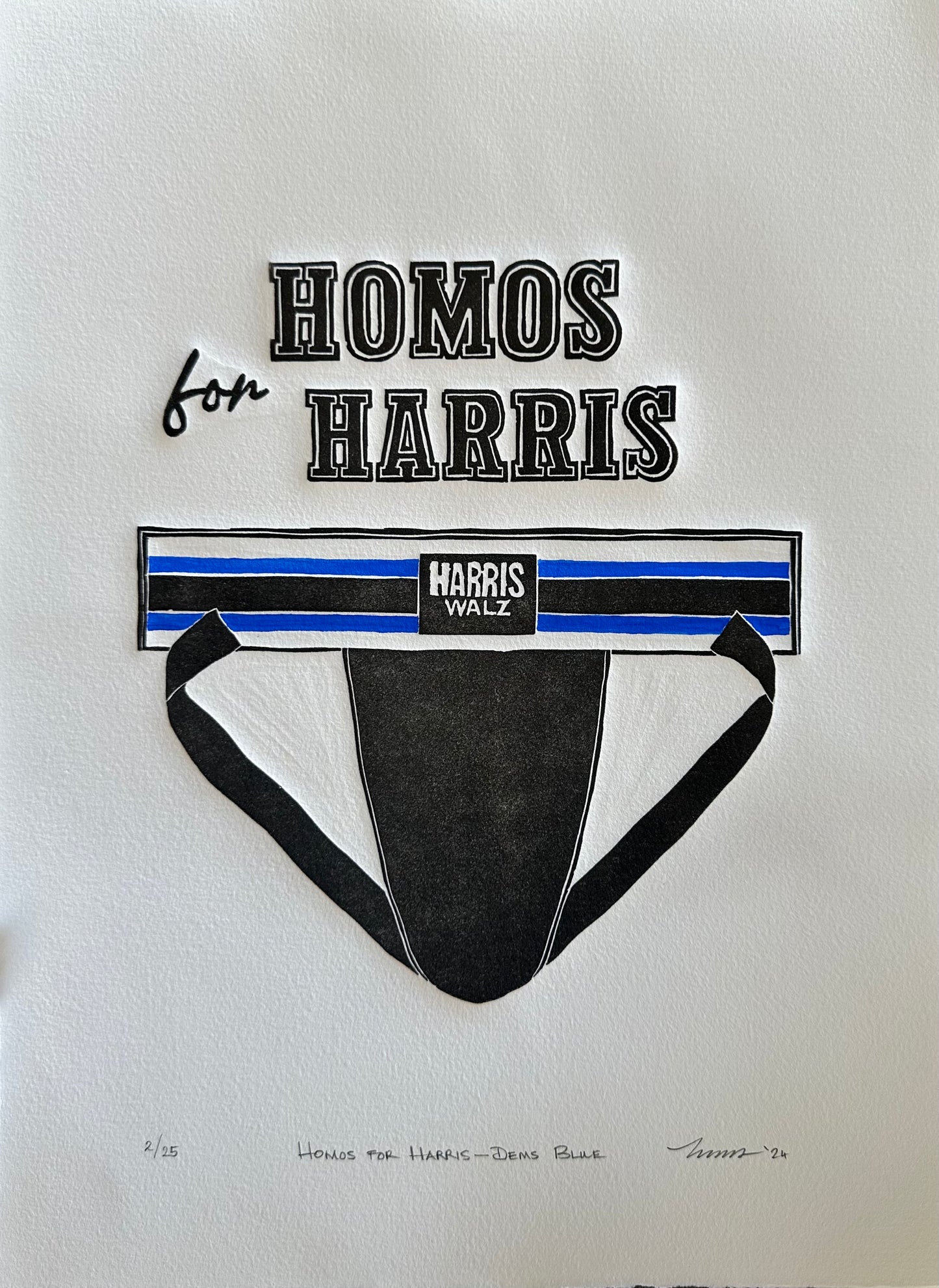 "Homos for Harris - Dems Blue" Limited Edition Linocut with Hand-painted Stripes