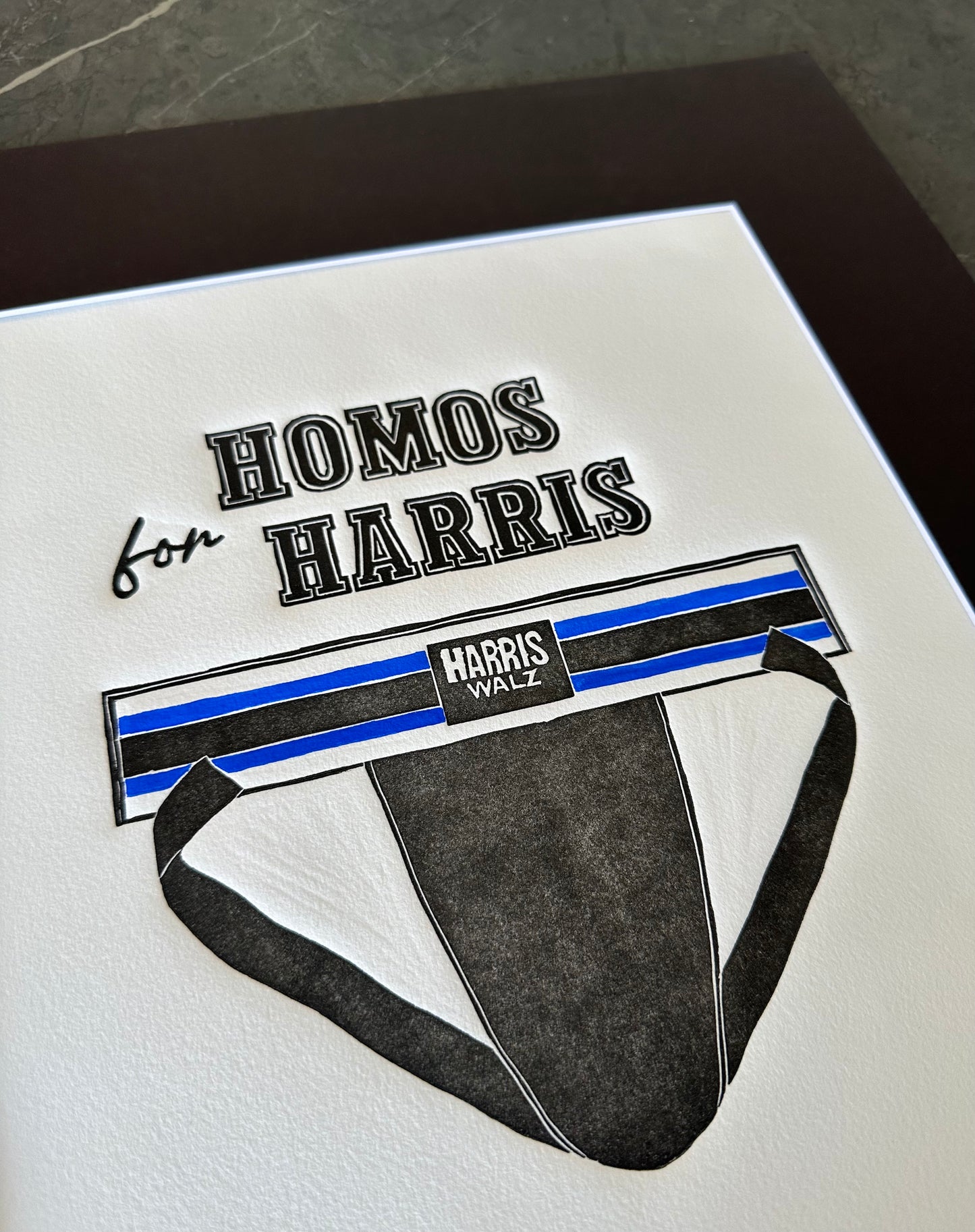 "Homos for Harris - Dems Blue" Limited Edition Linocut with Hand-painted Stripes