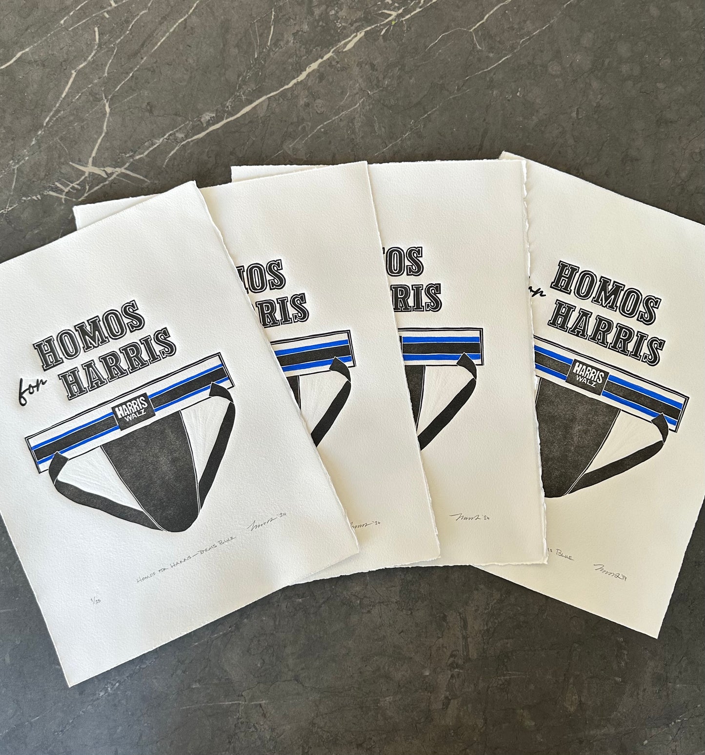 "Homos for Harris - Dems Blue" Limited Edition Linocut with Hand-painted Stripes