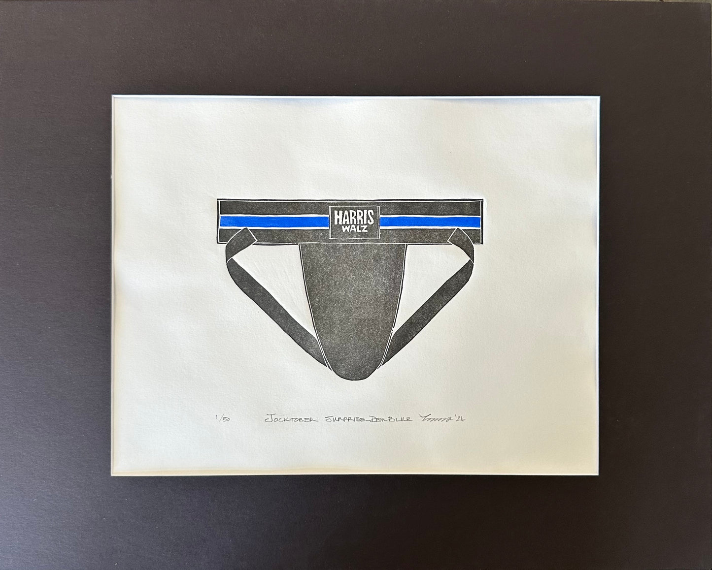 "Jocktober Surprise - Dem Blue" Limited Edition Linocut with Hand-painted Stripe