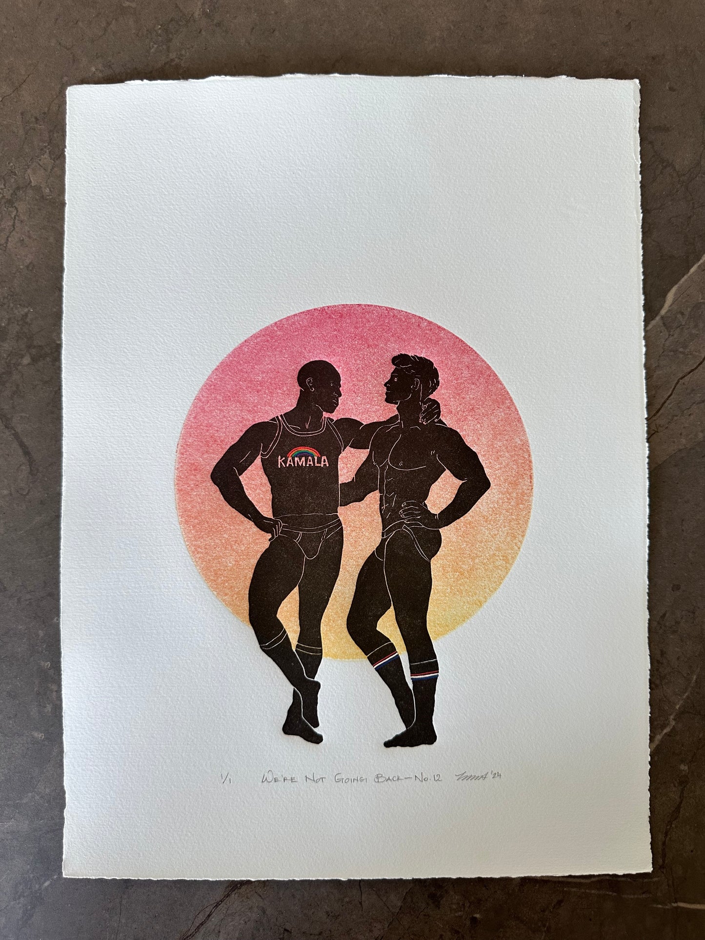 “We’re Not Going Back - No. 12” Linocut & Monotype; Hand-painted Rainbow